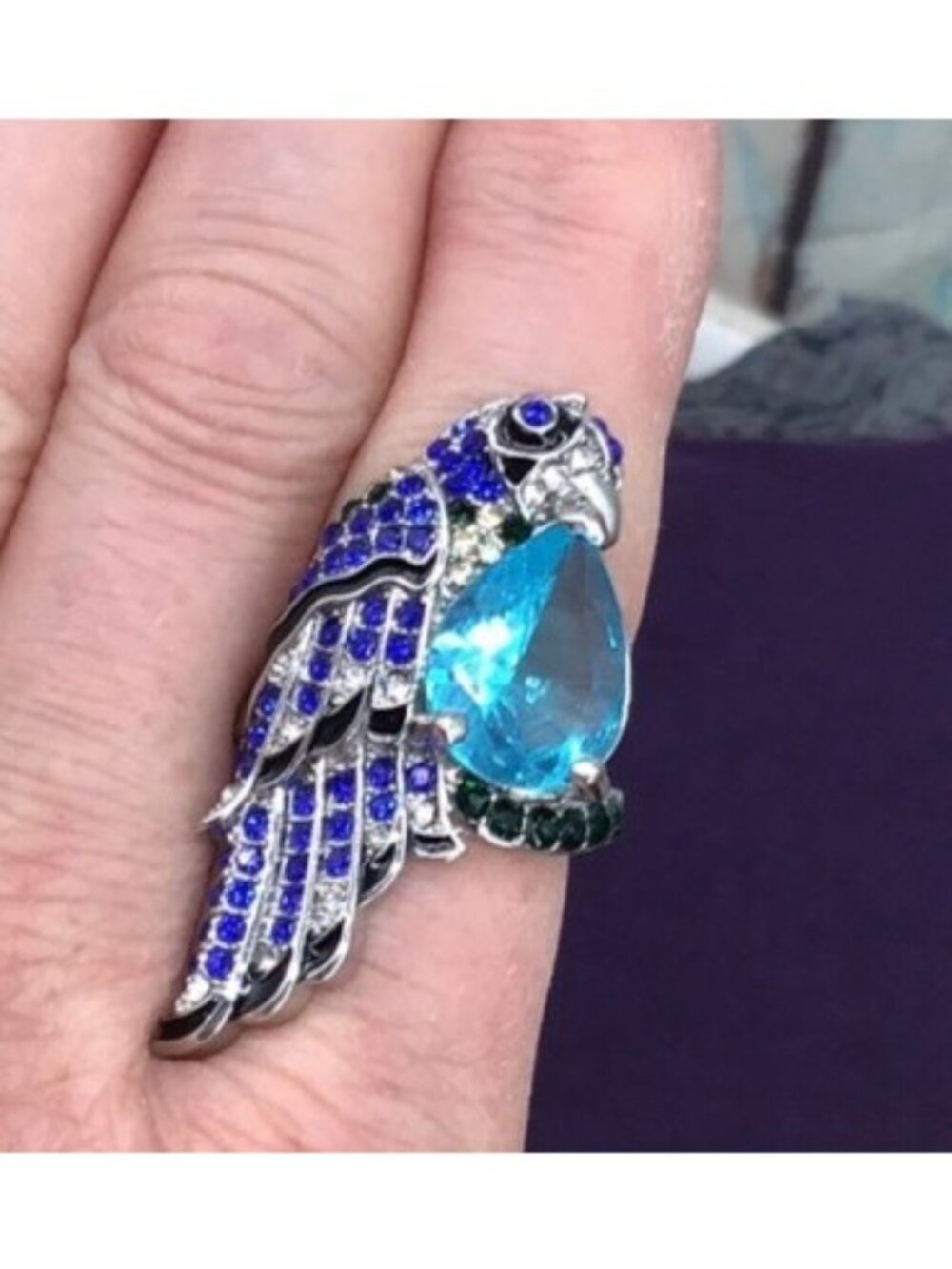 Parrot-Shaped Crystal Cocktail Ring Silver-Tone Blue & Green Gemstone Accents Si